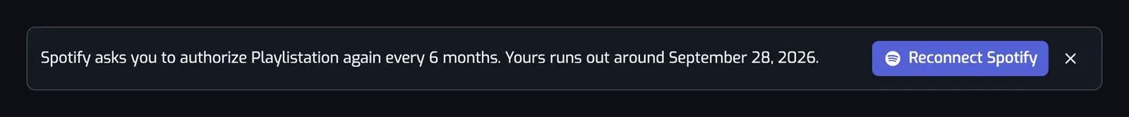 The banner at the top of the app, with the date the access runs out and a Reconnect Spotify button