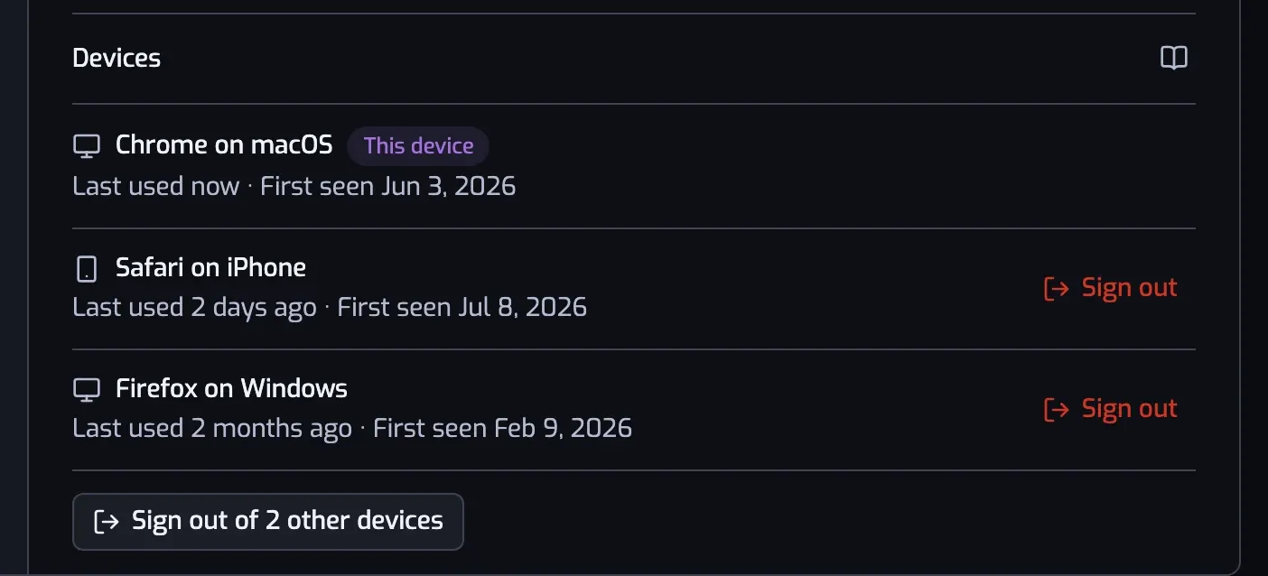 The Devices list in Settings