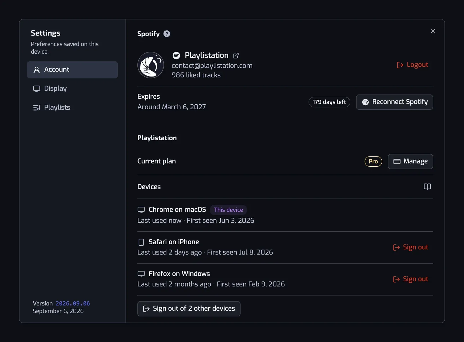 The Account section of Settings, with the Spotify connection and its expiry date